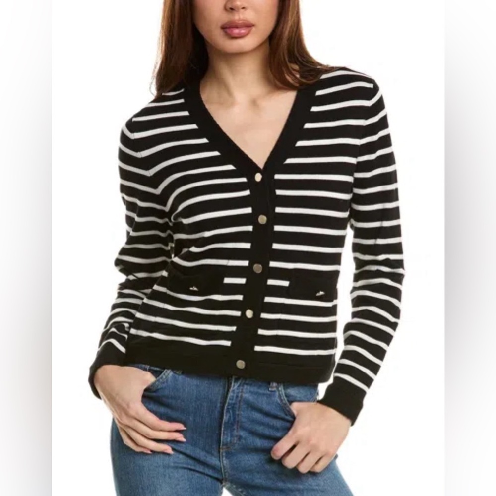 NANETTE LEPORE Black & White Striped Preppy Capsule Cardigan Size M
